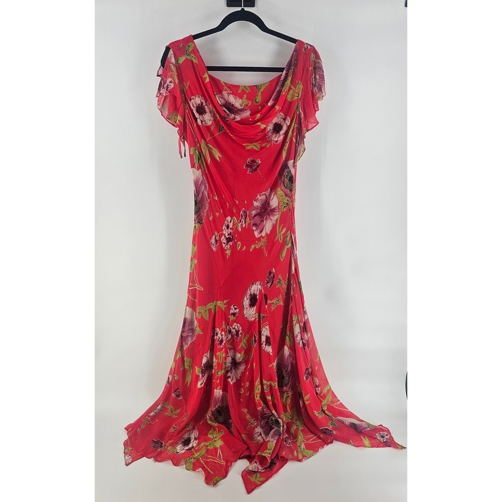 VTG Maxi Slip Dress M Red Floral Cowl Neck Handkerchief Hem Romantic Fairy Y2K